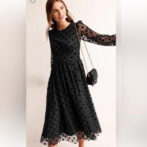 Boden Tulle Spot Polka Dot Sheer Midi Black Dress - 12P